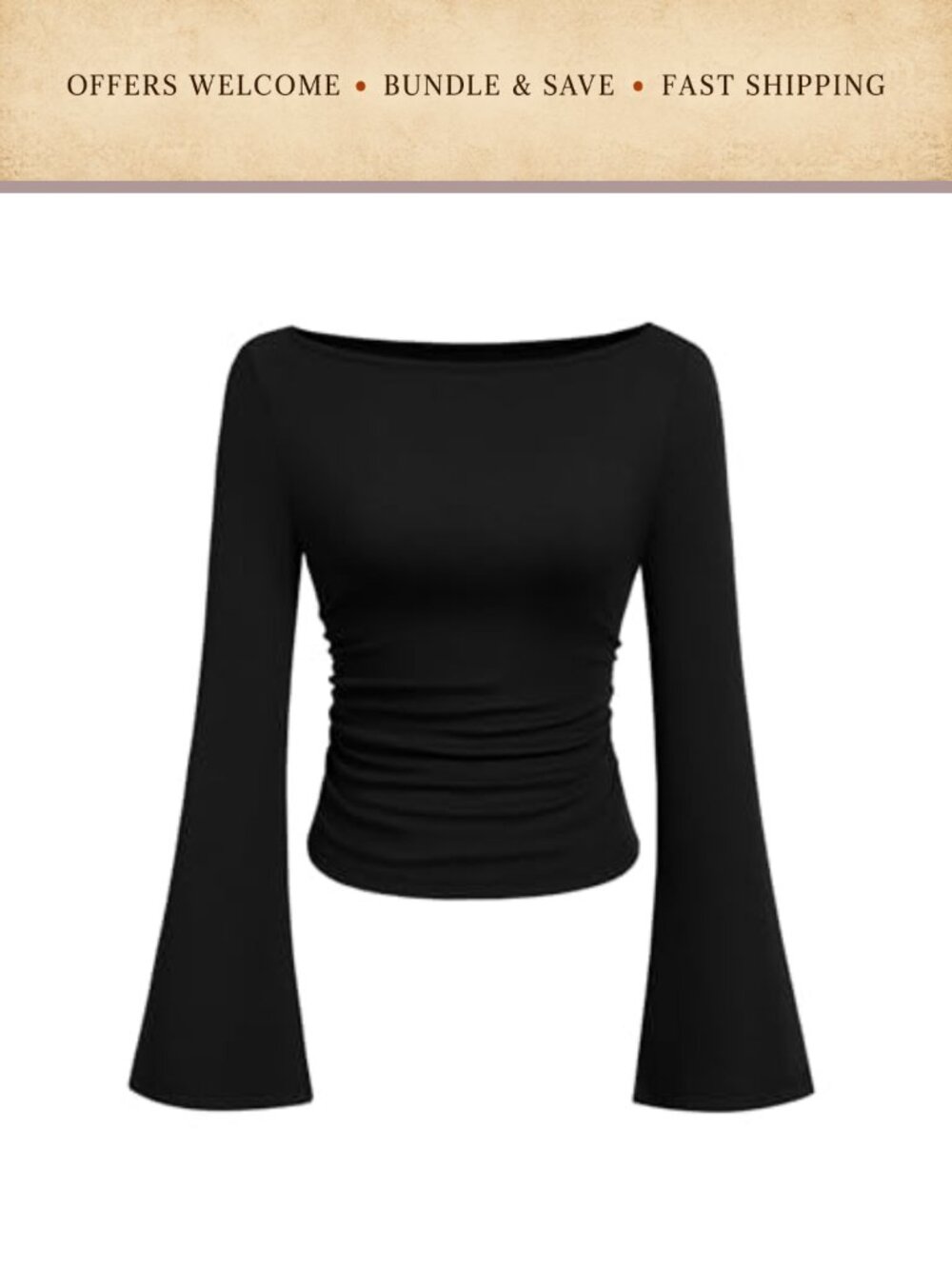Womens Ribbed Knit Long Bell Sleeve Boat Neck Crop Top